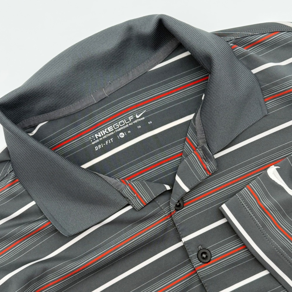 Nike Golf Mens XL Dri-FIT Striped Polo Shirt Grey Red White Performance Golf Top